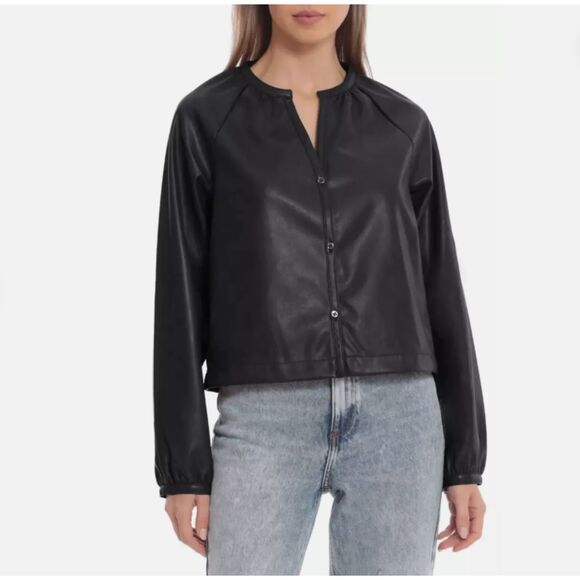 Avec Les Filles Raglan Sleeve Black Faux Leather Button Up Blouse Sz XL - Picture 1 of 12